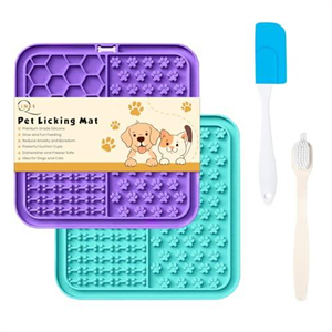 Licky Mats for Dogs – Pack of 2 Licky Mats With Spatula - Dogs Accessories Bathing Training Pad With Strong Suction Cup - Slow Pet Feeder For Food, Treats, Peanut Butter (Light Blue/Purple)