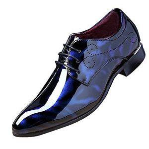 Mens Fashion Floral Patent Derby Shoes Lace Up Formal Business Shoes Pointed Toe Shiny Flat Faux Leather Dress Shoes Blue