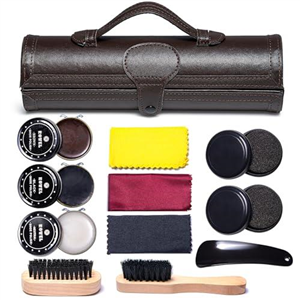 YUET Shoe Polish Kit Cleaning Shine Care Barrel Set For Brown Black Leather With Brush Travel Case Luxury Premium Soft Horsehair Bristle Dauber, Wooden Applicator, Shoehorn, Cloth 12 Piece Brown Pouch