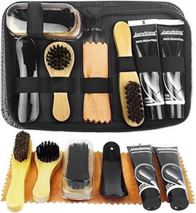 Shoe Polish Kit Cleaning Shine Care Barrel Set Travel Shoe Shine Brush kit Black & Neutral Shoe Shine Polish Cleaning Brushes Sets With Bristle Wooden Applicator Shoehorn Cloth 8 Piece