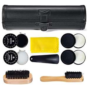 YUET Shoe Polish Kit Cleaning Shine Care Barrel Set For Brown Black Leather With Brush Travel Case Luxury Premium Soft Horsehair Bristle Dauber, Wooden Applicator, Shoehorn, Cloth 9 Piece Black Pouch