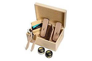 Kaps Complete Shoe Clean and Care Kit, 9 Piece Shoe Care Set for Leather Boots and Shoes, Footwear Cleaning Kit with Wooden Gift Box