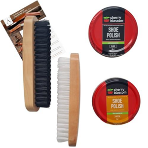 INESE Shoe Brush Set & Shoe Polish Kit Black and Brown contains Cherry Blossom Black and Light Tan, Brown Shoe Polish and 2 Brushes Bundled with Unique Shoe Polishing Guide