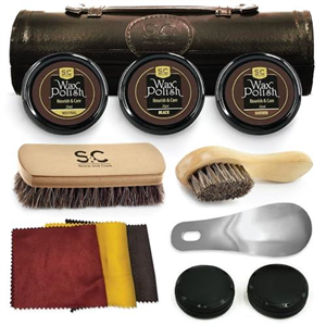 Stone & Clark 12PC Shoe Polish & Care Kit, Leather Shoe Shine Kit with Brown Wax, Shoe Brushes for Polishing, Shine Cloth & Shoe Horn, Compact Shoe Cleaning Kit with Horse Hair Brushes & PU