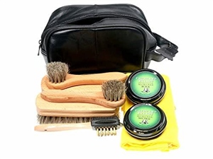 Cathcart Elliot High Quality Shoe Cleaning Polishing Care Kit in Leather Bag 5 brushes 2 tins wax polish Horsehair brushes for Shine large Cotton Cloth