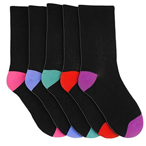 QZ FASHION Ladies 5 Pairs Cotton Rich Socks Black with Multicoloured Heels & Toes uk 4-7