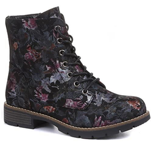 Pavers Distinctive Ladies Combat Ankle Boots in Black with Metallic Floral Print - Side Zip for Easy Wear - Full Lace-Up Design - Size UK 6 / EU 39