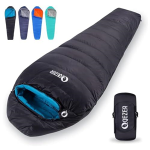 QEZER Down Sleeping Bag 4 Season, Lightweight Winter Sleeping Bag 0 Degree to -12 Degree C for Adults and Kid Camping, Hiking and Backpacking Outdoor Filled 600+FP Down (black)