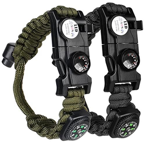 Paracord Survival Bracelet, 2 Pack Survival Kit Firestarter Bracelets, 8 in 1 Multifunctional Paracord with Flint Steel Fire Starter, 100dB Whistle, Compass - Wild Camping Equipment Kit for Emergency