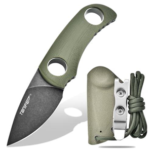 TONIFE Fixed Blade Knife 4.8cm, Mini Neck Knife with Kydex Sheath and Cord, EDC Portable Fixed Knife for Outdoor Survival (Green+Black Oxide then Stonewash)