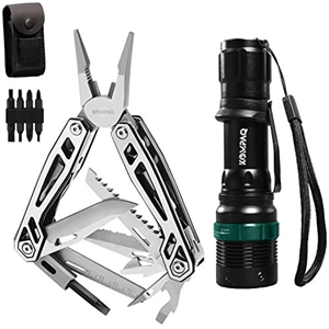 KOMPAQ Multitool Pliers and LED Flashlight Set, Stainless Steel Foldable Locking Pocket Multi Tool Kits with Torch, Screwdriver, Bottle Can Opener, Rope Cutter, Pouch for Camping DIY Survival, Silver