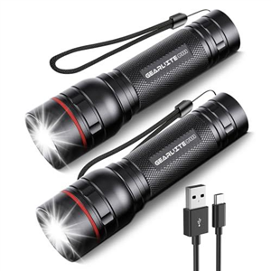 GEARLITE LED Torch Rechargeable, 2 Pack Super Bright Adjustable Focus Flashlight, 3 Lighting Modes, Long Battery Life, Waterproof Pocket Size Torch for Power Cuts, Emergency