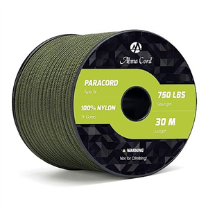 Abma Cord 4.2mm Paracord 750lb 30M 100% Nylon Rope 11 Strands Type IV Military Grade Parachute Cord for DIY, Camping, Survival, Outdoor - Max. 340kg - Army Green