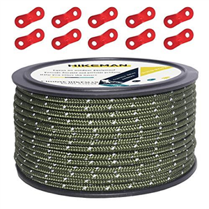 HIKEMAN 50M Reflective Cord Guy Ropes Outdoor Tent Guide Rope 100% Nylon Cord Wind Line with 10Pcs Aluminum alloy tensioners for Camping (Army green, Diameter 3 mm)