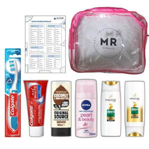 Mr Bundles - Travel Toiletries Set for Women Complete Mini Travel Toiletries, Hospital Miniature Toiletries, Holiday Minis Toiletries, Travel PVC Clear Bag & a Checklist