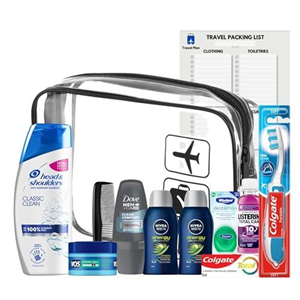 Travel Toiletries Set For Men - Mini Toiletries Travel Kit With Travel Size Essentials, Airport Approved Liquids And Clear Travel Bag With Travel Man Checklist