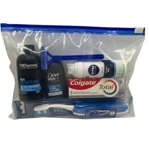 Travel Toiletries Set for Men - Shampoo, Body Wash, Toothbrush, Toothpaste, Razor, Shaving Foam - 100ml Travel Size - Airport Security Safe - For Vacation, Holidays, Hospital - Clear Travelling Bag