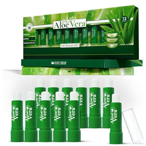 Set of 12 x Lip Balms Aloe Vera Long Lasting Moisturizing Lip Care Unisex Full Size Display Box Beeswax Vitamin E Omega-3