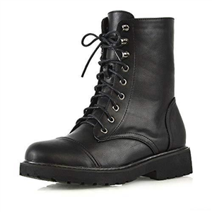 Womens Lace Up Ankle Boots Chunky Grip Sole Ladies Winter Retro Combat Goth Biker Military Army Shoes Booties Size 3-8 Black Synthetic Leather
