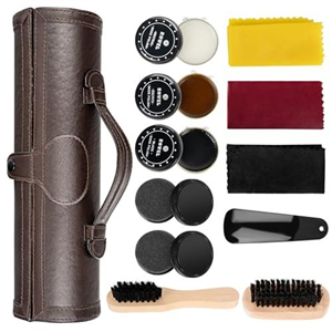 SOXOI Shoe Polish Kit - Luxury Leather Care Set with Horsehair Brush & Wooden Applicator | 12PCS Cleaning Shine Care Barrel Set | Portable Travel Case Included for Brown/Black Shoes