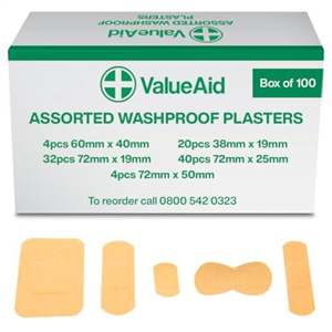 Value Aid Assorted Washproof Plasters - Pack of 100 Individually Wrapped Hypoallergenic, Latex-Free Adhesive - 5 Popular Sizes for First Aid Kit & On-The-Go Medical Supplies
