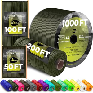 TECEUM Paracord Type III 550 Army Green – 15 m – 4mm – Tactical Rope MIL-SPEC – Outdoor Para Cord – Camping Hiking Fishing Gear and Equipment – EDC Parachute Cord – Strong Survival Rope (50ft) 010