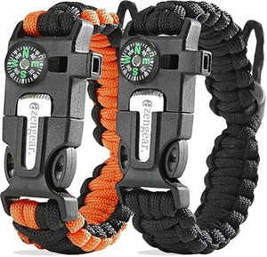 Paracord Survival Bracelet (2 Pack) | Flint Steel Fire Starter, Whistle, Compass, Hiking Accessories, Wild Camping Equipment Kit, Bushcraft, Emergency (Black and Orange)