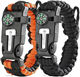 Paracord Survival Bracelet (2 Pack) | Flint Steel Fire Starter, Whistle, Compass, Hiking Accessories, Wild Camping Equipment Kit, Bushcraft, Emergency (Black and Orange)