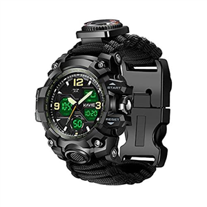 23-in-1 Survival Military Digital Watch, Mens Tactical Multi-Functional and Adjustable Wristband Outdoors Waterproof Sports Dual Dial Watches with Compass Paracord Band, Black, Digital