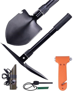 Folding Shovel Set,Includes 1pcs Folding Shovel,1 pcs Emergency Whistle,1 pcs Fire Starter,1 pcs Safety Hammer, Camping Military Survival Shovel Portable Tool for Camping, Hiking,Car Emergency
