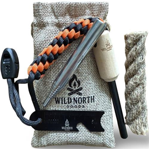 Wild North Goods - Fire Starter Kit - Ferro Rod with Striker, Tinder Rope, Bellow & Bag - Emergency Fire Starting Tool for Survival, Camping, Hiking, Bushcraft & Outdoors (15,000+ Strikes)