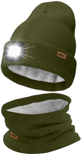 ATNKE LED Lighted Beanie Hat and Scarf Suit,USB Rechargeable 4 LED Running Headlamp Bright Cap with Light Winter Warm Lined Fleece Neck Gaiters and Knit Beany Gifts for Men and Women/Army Green