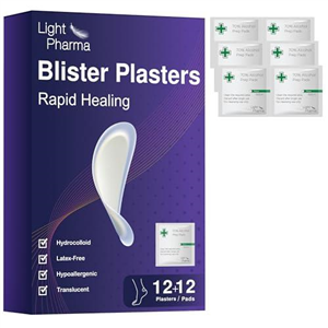 Light Pharma Blister Plasters for Feet, 12 Hydrocolloid Plasters for Blister Treatment & Prevention, Latex-Free, Translucent and Hypoallergenic (12 Heel Dressings + 12 Cleansing Pads)