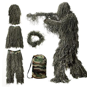 Ghillie Suit, 3D Camouflage Hunting Apparel Including Jacket, Pants, Hood, Carry Bag, Camo Hunting Clothes for Men, Hunters, Military, Sniper Airsoft, Paintball, XLarge or XXLarge, Woodland