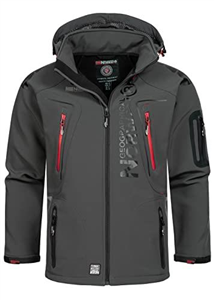 Geographical Norway Techno Men - Men's Waterproof Softshell Hooded Jacket - Comfortable Outdoor Jacket Tactical Windbreaker - Hiking Skiing Autumn Winter Spring (Dark grey-red L)