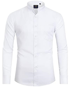J.VER Mens White Grandad Collar Dress Shirt Regular Fit Long Sleeve Casual Non Iron Button Down Banded Collar Shirt with Pocket XL