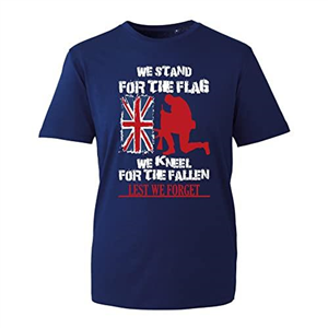Lest We Forget British Flag Remembrance Day Veteran T-Shirt, Poppy Flower Unisex Kids Adults Top (Navy, 2XL)