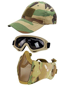 Hodeacc 3 Pcs Tactical Airsoft Mask Goggles Baseball Cap Set,Adjustable Half Face Mesh Mask with Ear Protection,Airsoft Glasses Eye Protection Outdoor Hat for Outdoor BB/CS Game