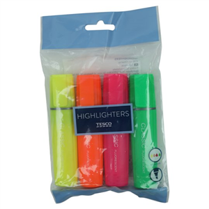 Tesco Rectangular Highlighters Asstd 4 Pack