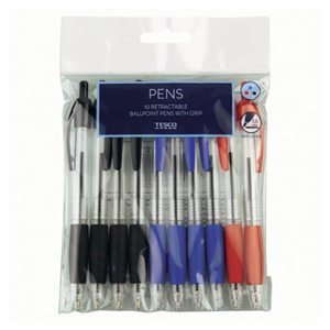 Tesco Grip Retractable Ball Pens Asstd 10 Pack